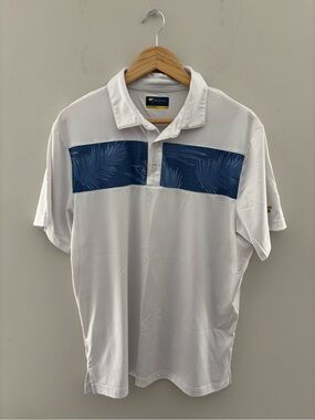 Jack Nicklaus White Golf Polo Shirt Navy Palm Print Stripe Men's